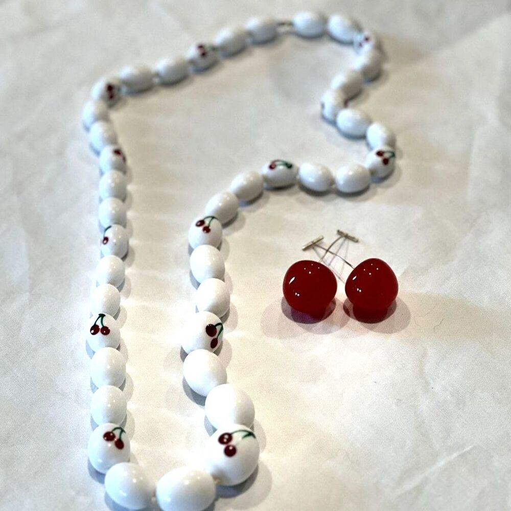 Vintage Cherry Necklace with too cute Modern Cherry Earrings! Red, White, Summer